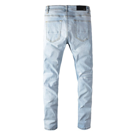 Ripped Patch Slim Tapered Denim — Light Blue