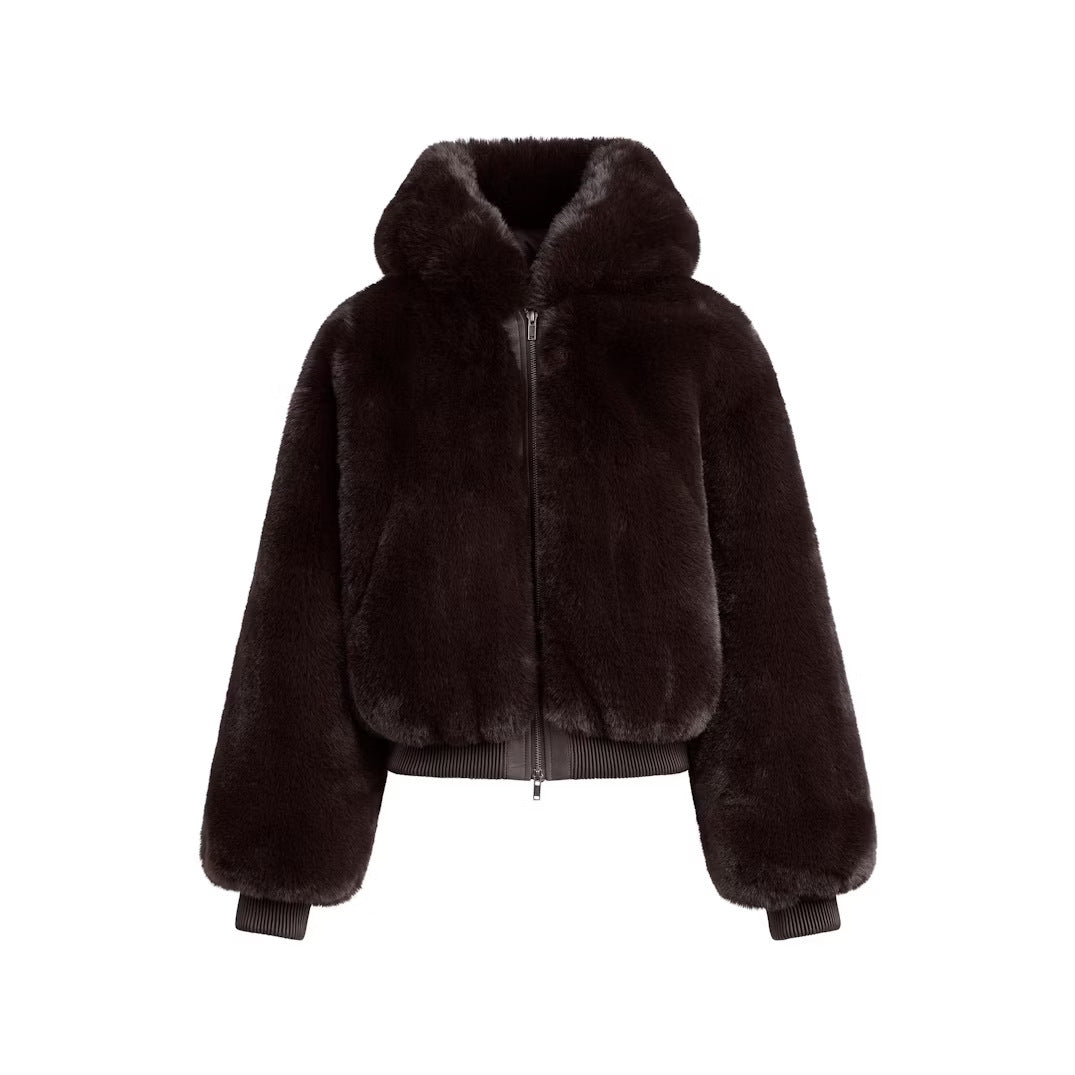 Hooded Warm Fleece Eco-Friendly Faux Fur Jacket With Zipper