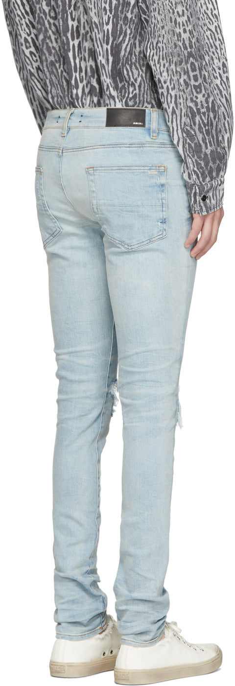 Ripped Patch Slim Tapered Denim — Light Blue