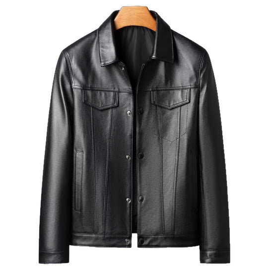Cowhide Polo Collar Leather Jacket — Men&