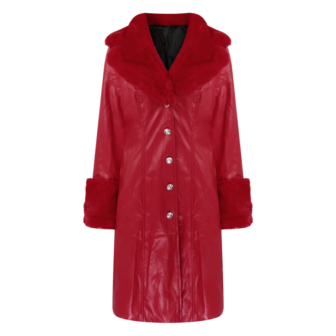PU Leather Long Coat — Fur Collar, 6 Colours