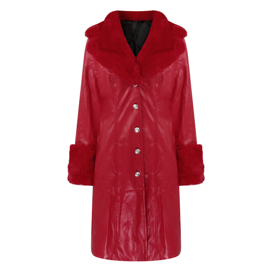 PU Leather Long Coat — Fur Collar, 6 Colours