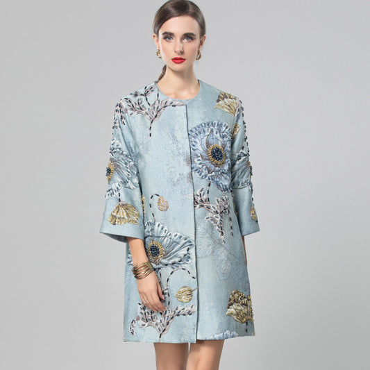 Asian Inspired 3/4 Sleeve Blue Coat Top Women's Clothing