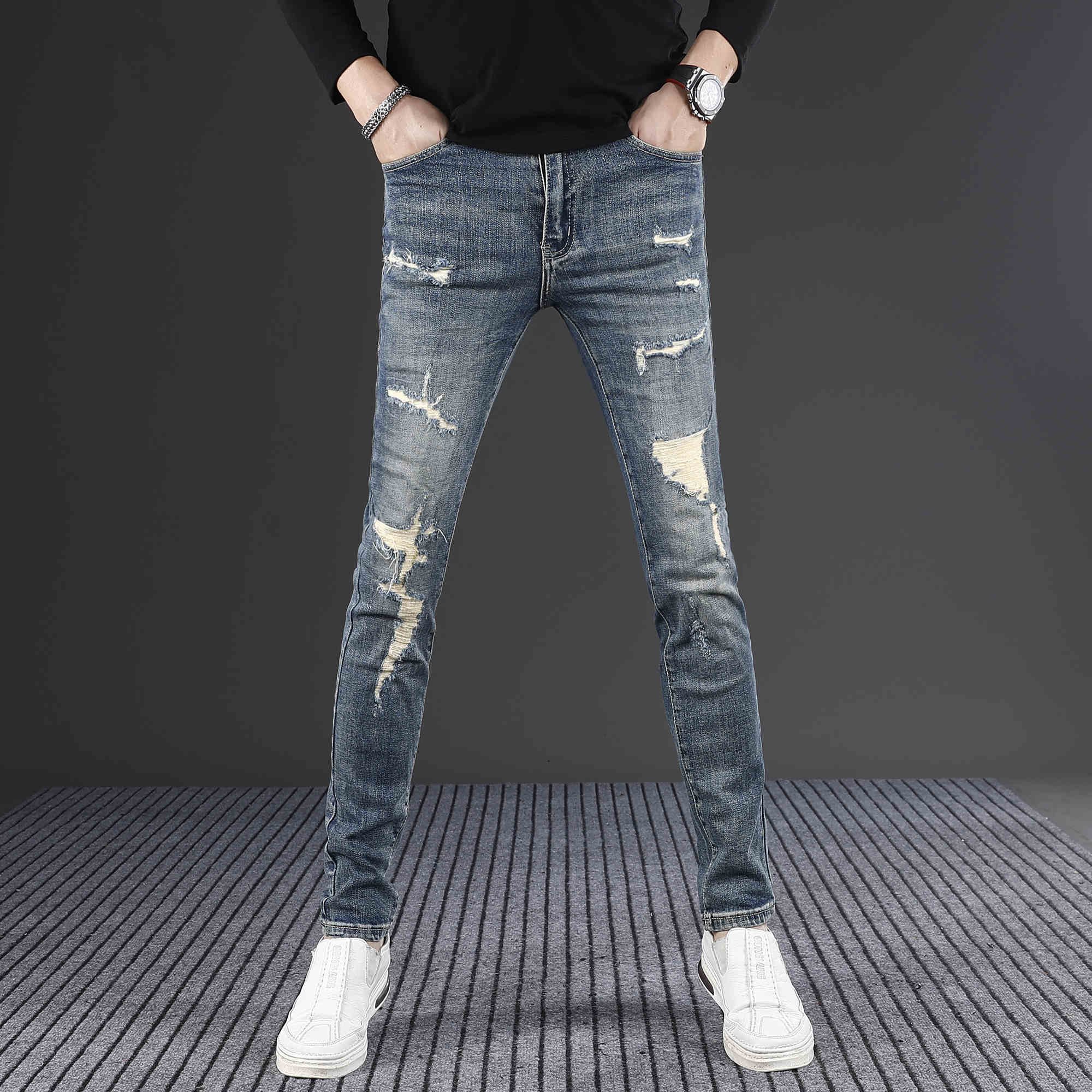 ShopBAM — Fashion Ripped Stretch Skinny Denim — Deep Blue