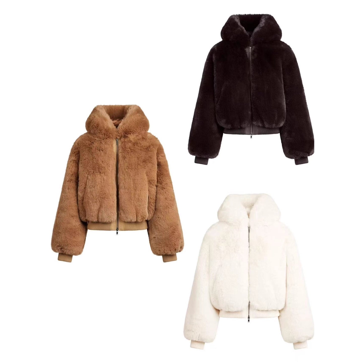 Hooded Warm Fleece Eco-Friendly Faux Fur Jacket With Zipper