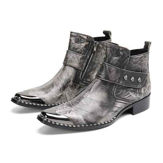Chunky Heel Cowhide Gray Lace-Up Motorcyclle Leather Boots
