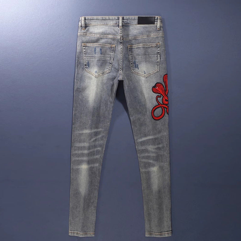 Embroidered Patch Distressed Denim — Vintage Wash
