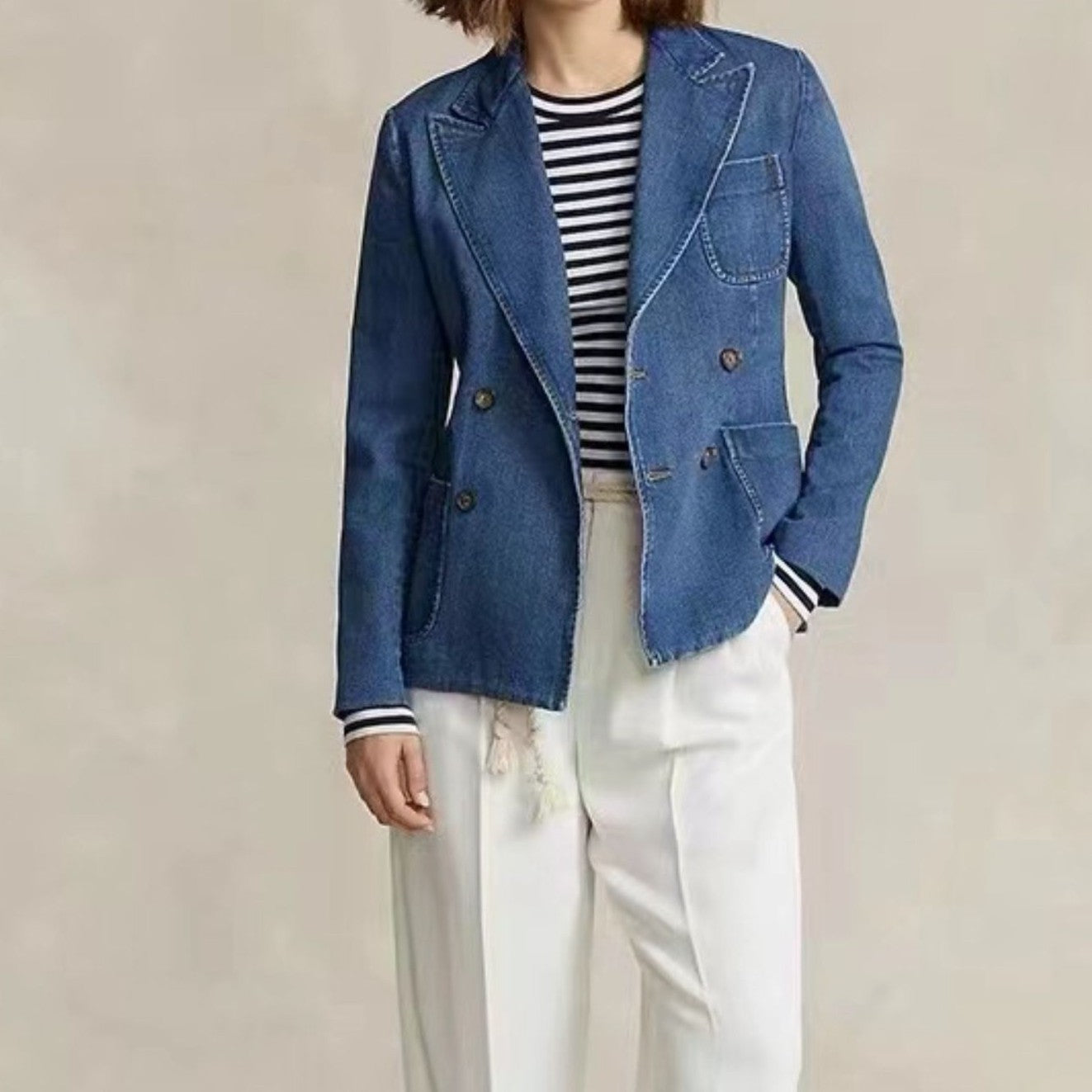 ShopBAM — Tibetan Blue Double-Breasted Denim Jacket