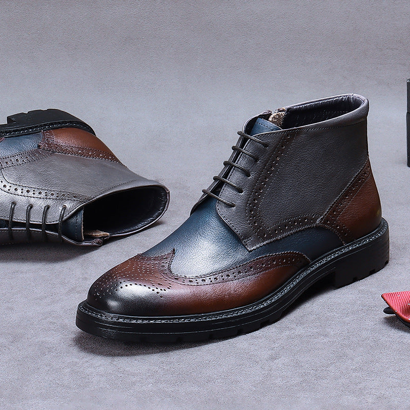 Brogue Carved Colorblock Leather Boots — Men's