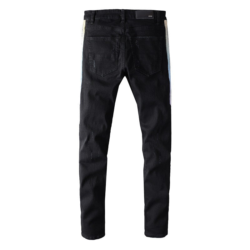 Black Stitching Micro-Elastic Slim Hip-Hop Denim — Black
