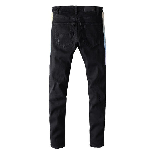Black Stitching Micro-Elastic Slim Hip-Hop Denim — Black