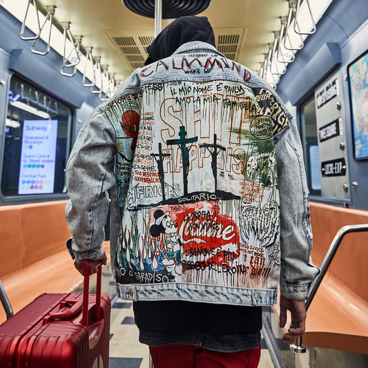 Little Devil Graffiti Painted Old Denim Jacket