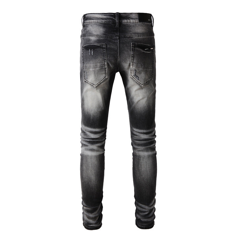 Retro Leather-Trim Ripped Denim — Black Grey