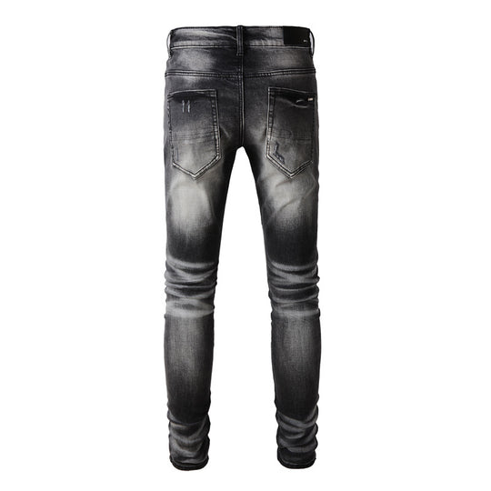 Retro Leather-Trim Ripped Denim — Black Grey