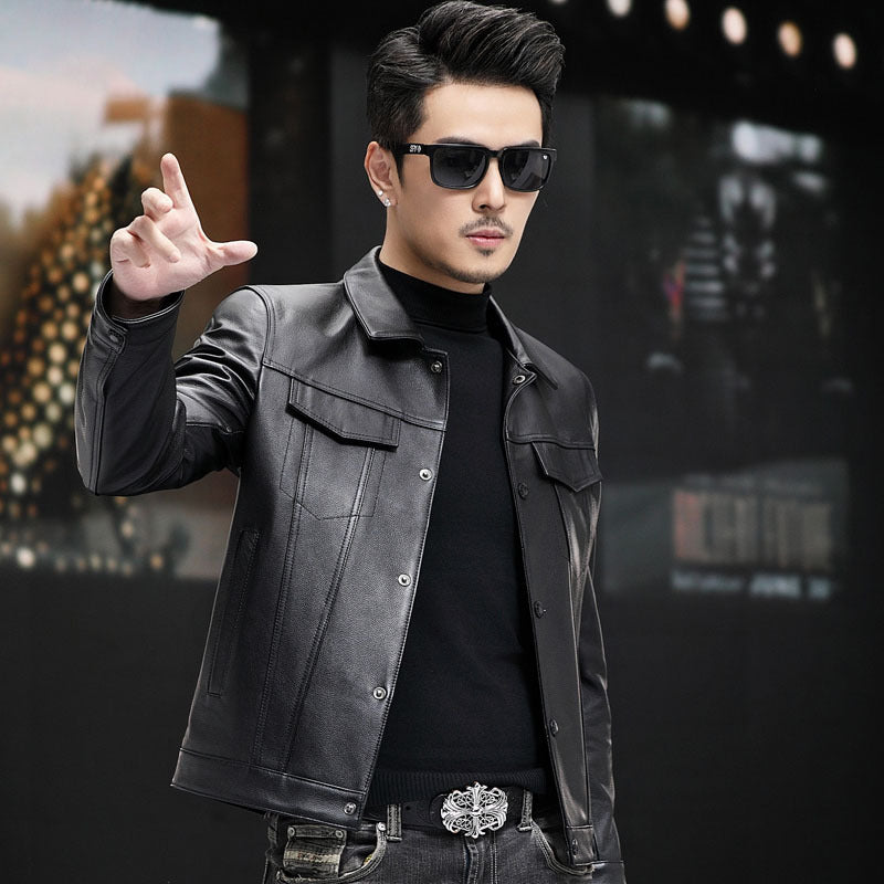 ShopBAM — Cowhide Polo Collar Leather Jacket — Men's