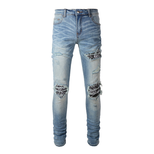 Cashew Flower Pattern Slim Denim — Classic Blue