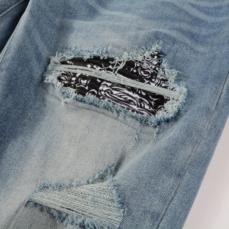 Cashew Flower Pattern Slim Denim — Classic Blue