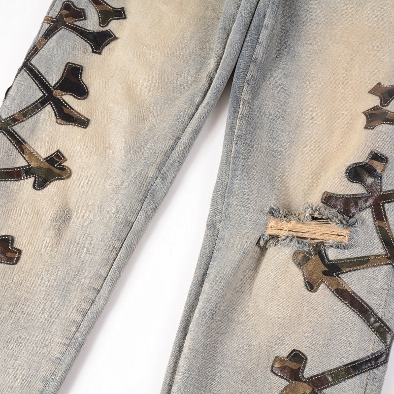 Bone-Pattern Leather Stretch Skinny Denim — Black