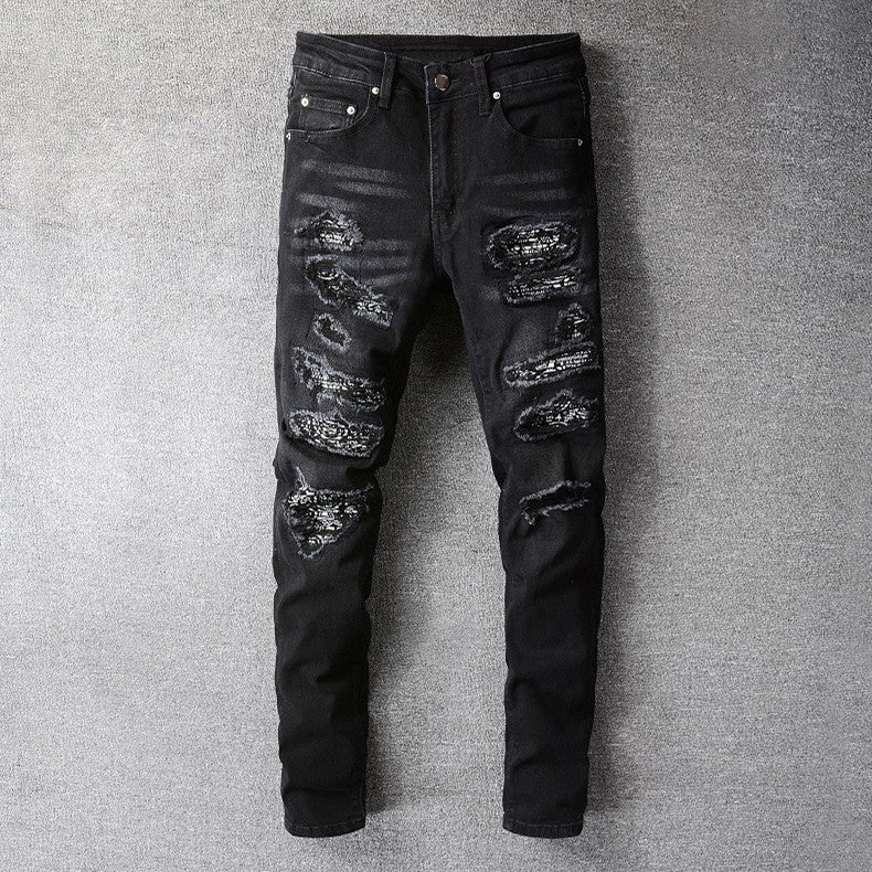 ShopBAM — Ripped Cashew-Patch Stretch Skinny Denim — Indigo