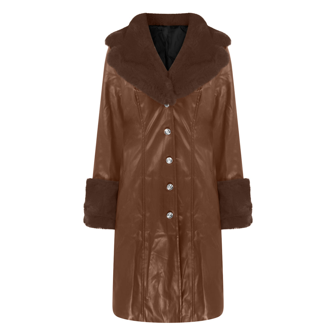 PU Leather Long Coat — Fur Collar, 6 Colours