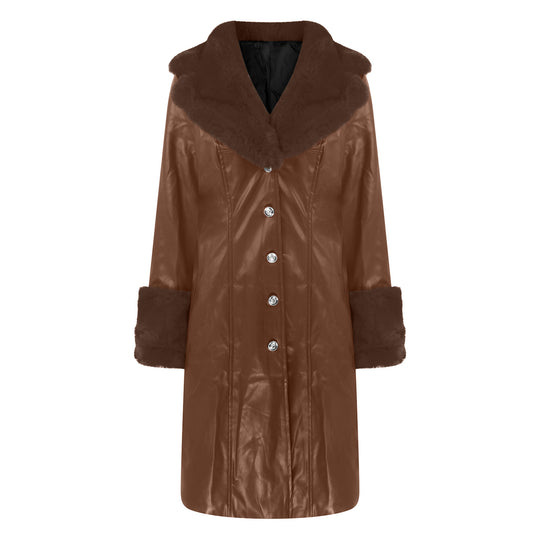PU Leather Long Coat — Fur Collar, 6 Colours