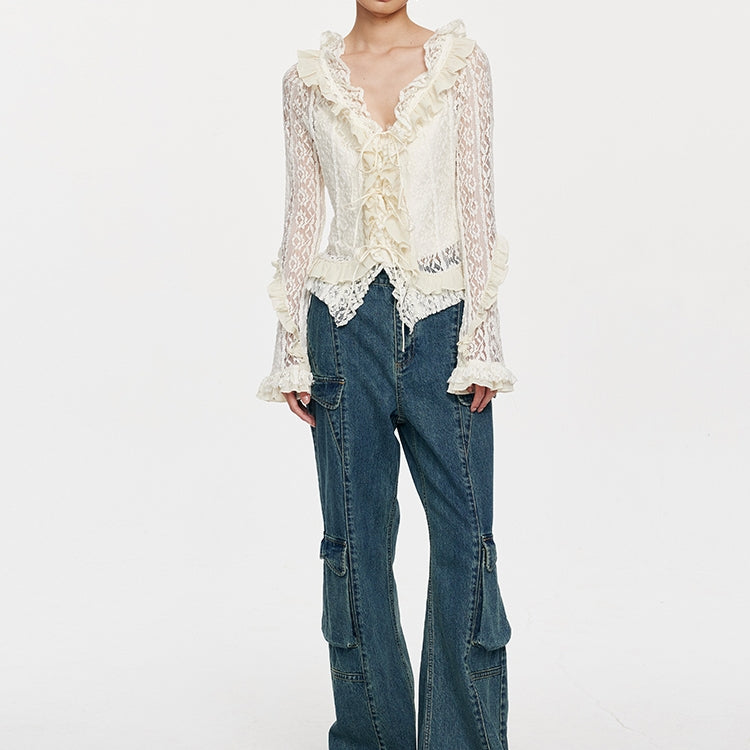 Lace Tie with Fungus Edge Long Sleeved Pullover