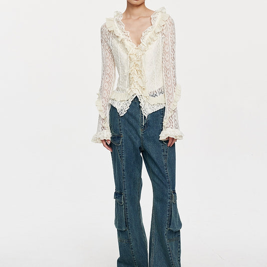 Lace Tie with Fungus Edge Long Sleeved Pullover