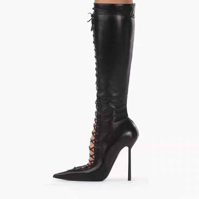 Pointed-toe Hollowed Cross Lace-up Stiletto Heel Boots