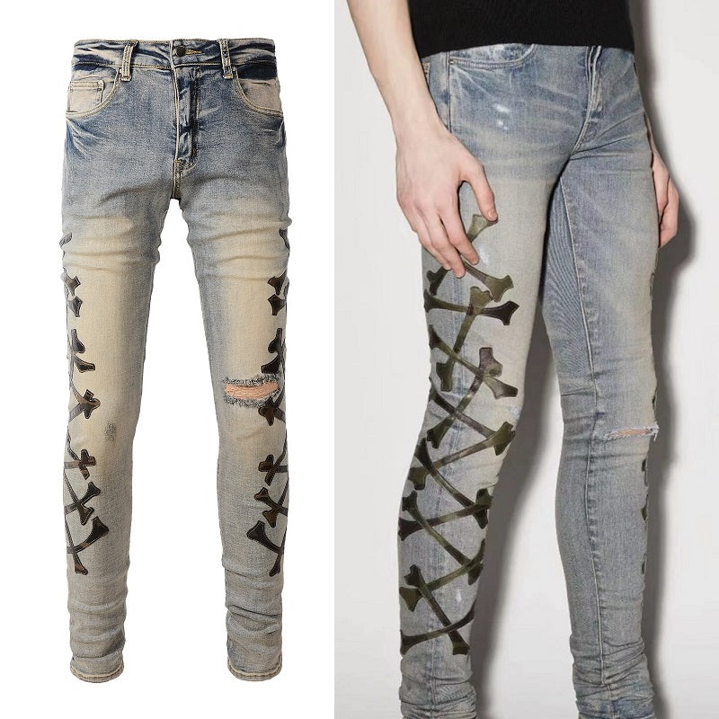 Bone-Pattern Leather Stretch Skinny Denim — Black