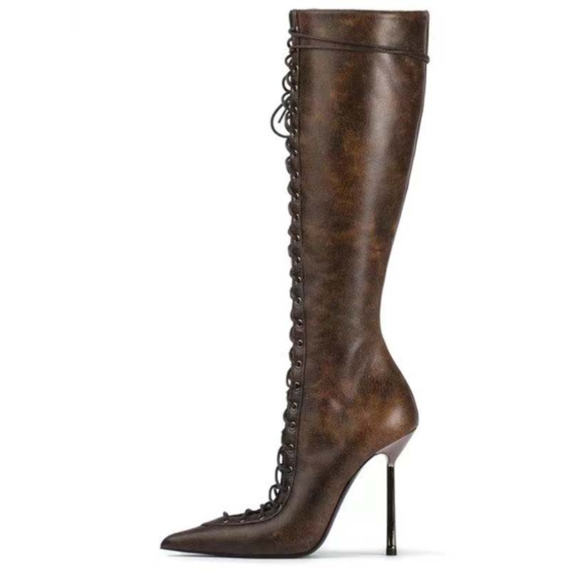 Hollowed Cross Lace-Up Stiletto Boots — Women&
