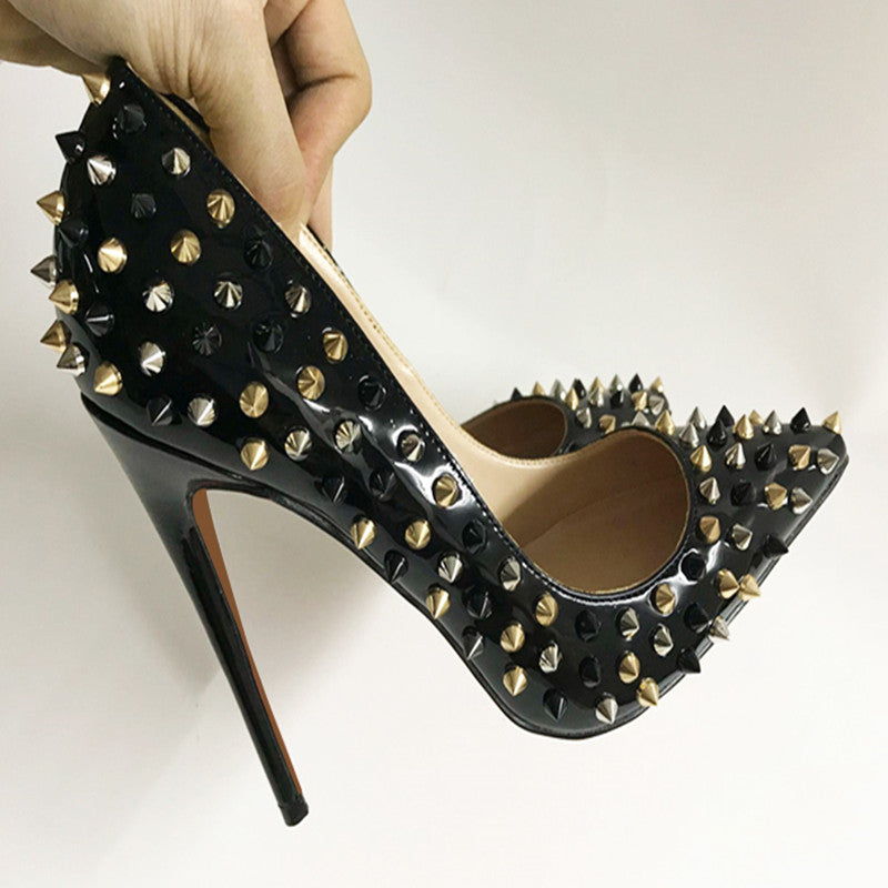 Patent Black Rivet Stiletto Heels — Women's