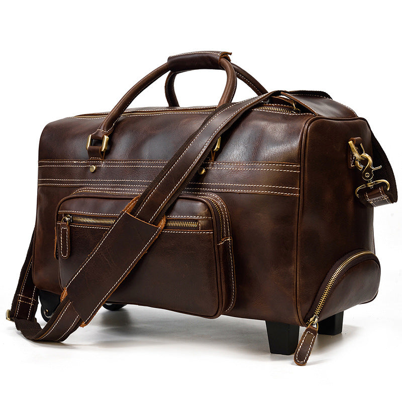 Genuine Leather Retro Trolley Travel Bag