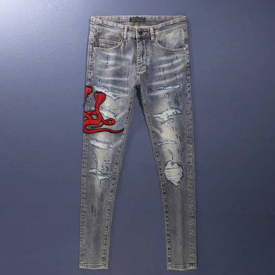 Embroidered Patch Distressed Denim — Vintage Wash