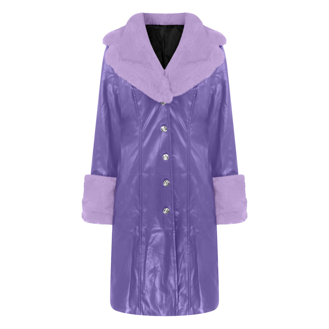 PU Leather Long Coat — Fur Collar, 6 Colours