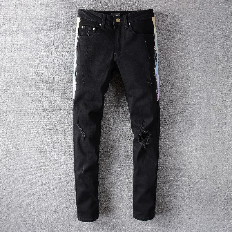 Black Stitching Micro-Elastic Slim Hip-Hop Denim — Black