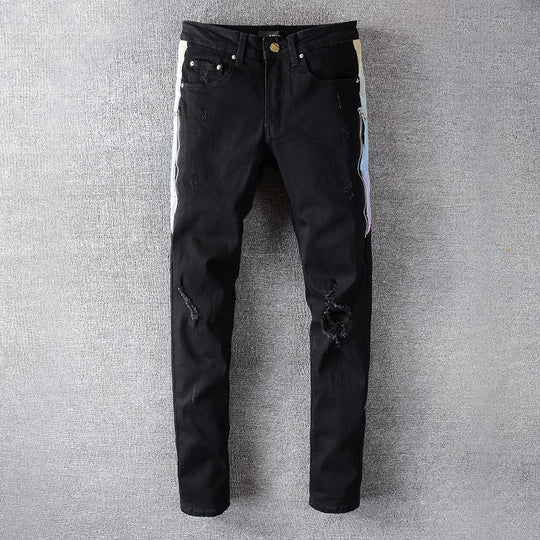 Black Stitching Micro-Elastic Slim Hip-Hop Denim — Black