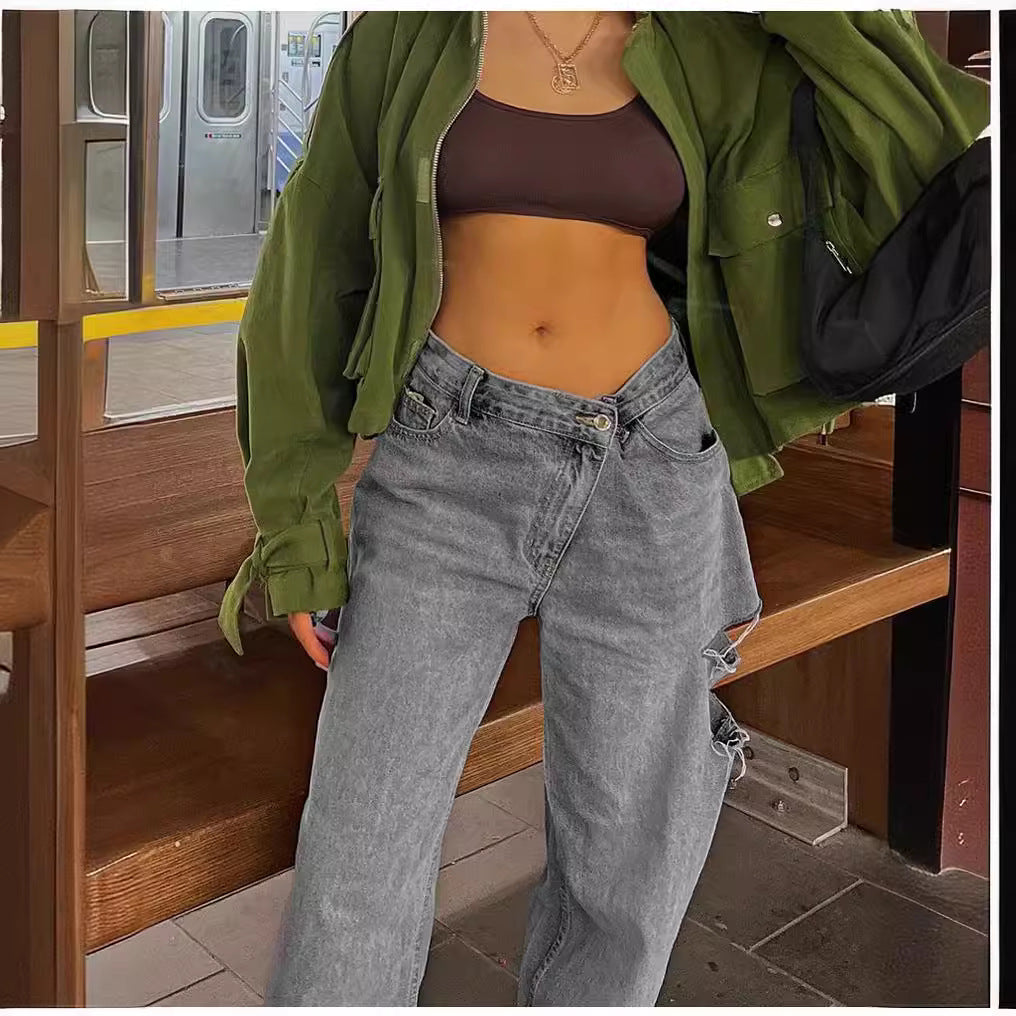 Asymmetric Low-Waist Distressed Jeans — Women&