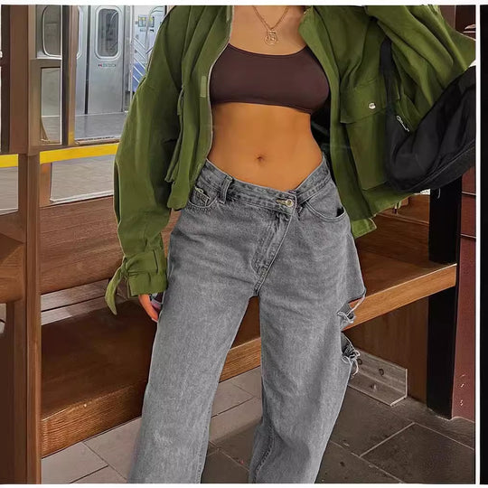 Asymmetric Low-Waist Distressed Jeans — Women&