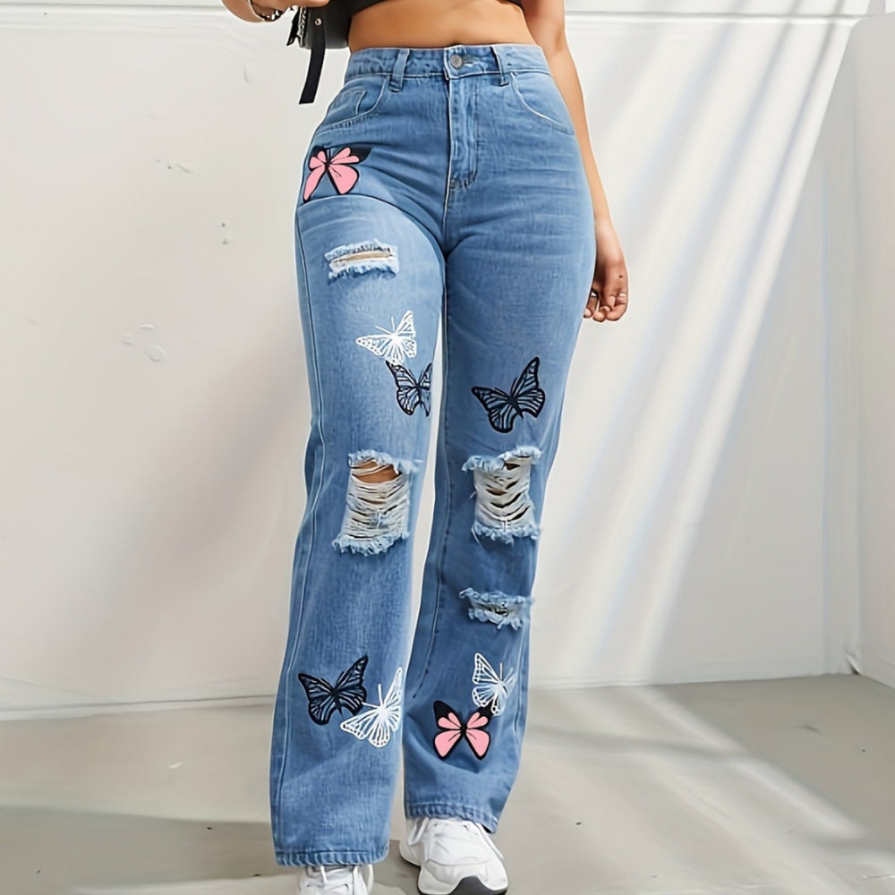 Butterfly Print High-Waist Straight Jeans — Women's