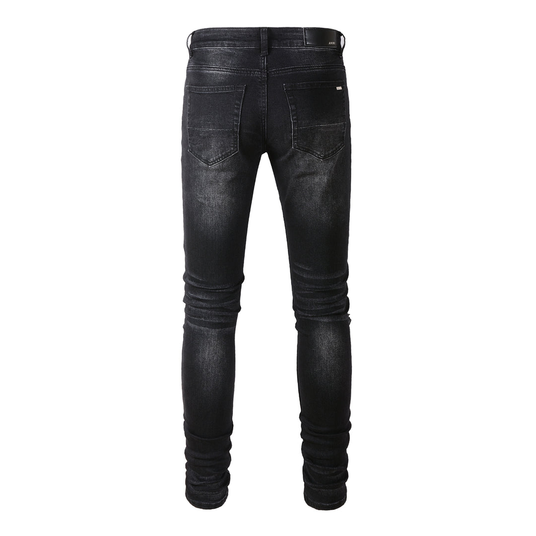 Fashion Red Patch Stretch Slim Denim — Distressed Blue