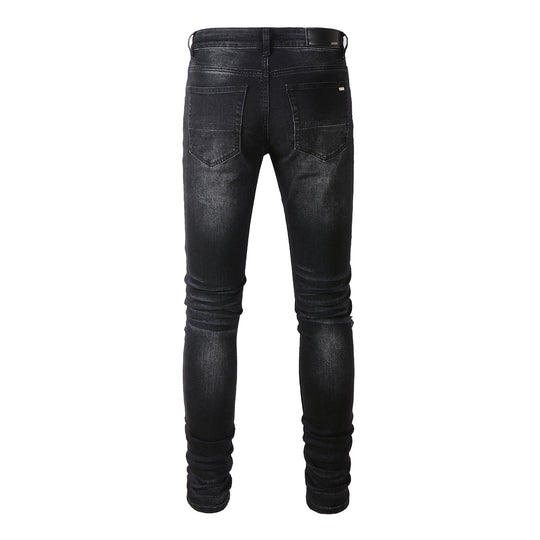 Fashion Red Patch Stretch Slim Denim — Distressed Blue