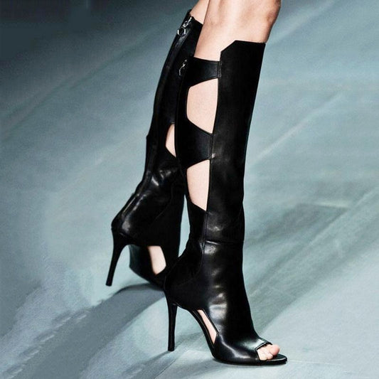 Fish Mouth Hollow High-Heeled Rubber Statement Boots