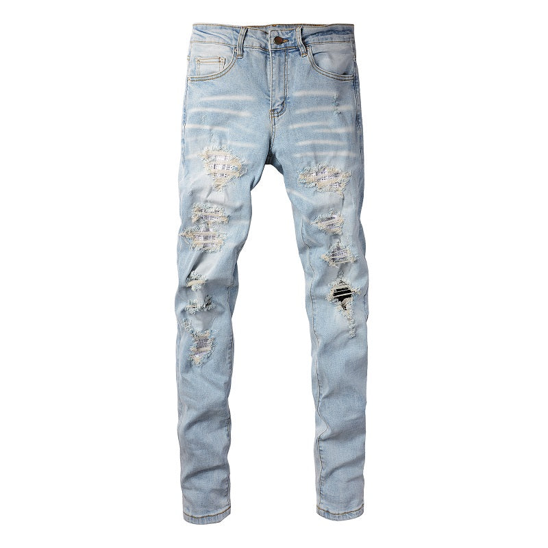 Diamond-Patch Ripped Stretch Skinny Denim — Light Blue