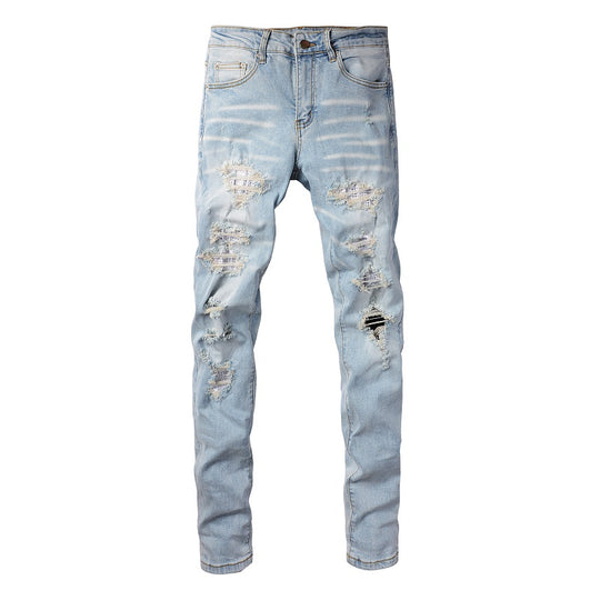 Diamond-Patch Ripped Stretch Skinny Denim — Light Blue