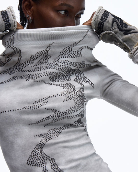 Antique Silver Hot Drill High-Neck Long Sleeve Top