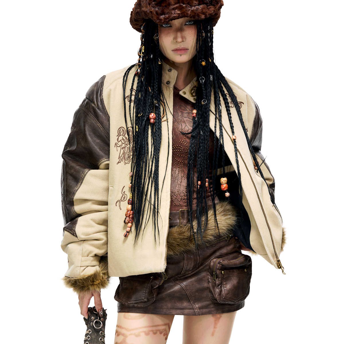 Totem-inspired Leather & Cotton Patchwork Jacket