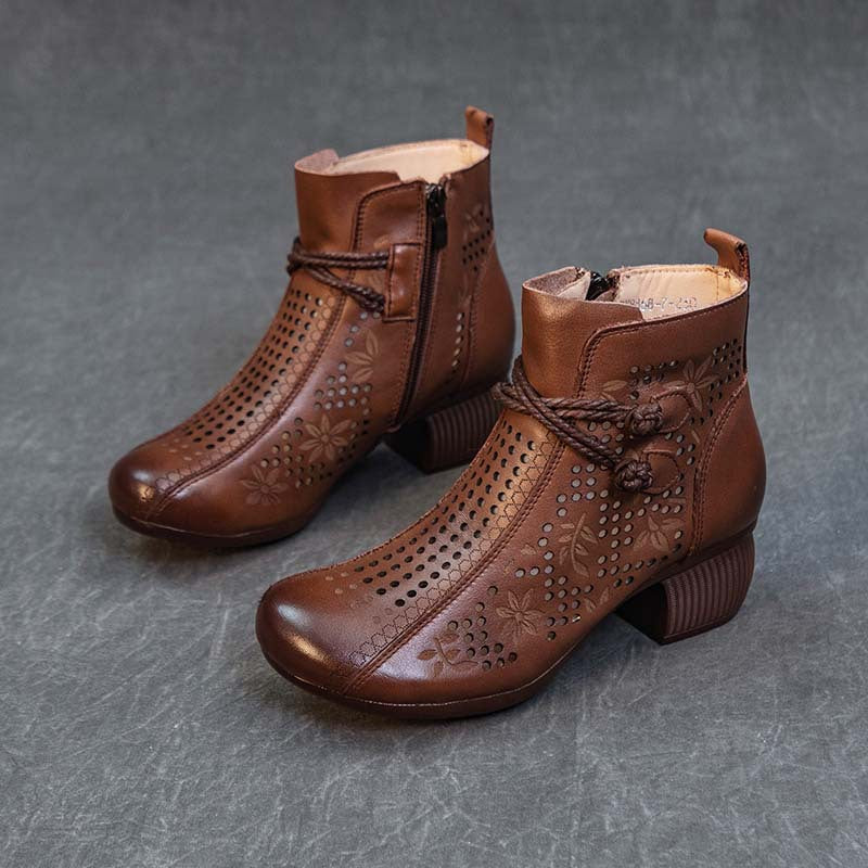Hollow-Out Leather Retro Boots — Women's