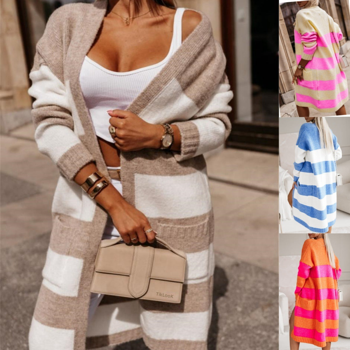 ShopBAM — Contrast Stripe Plaid Long Cardigan Sweater