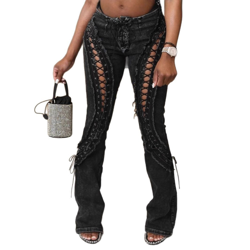 Stretch Frayed Lace-Up Slim Jeans — Women's