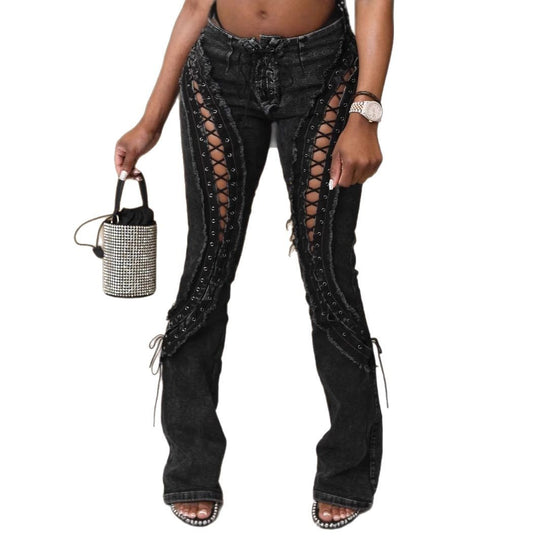 Stretch Frayed Lace-Up Slim Jeans — Women&